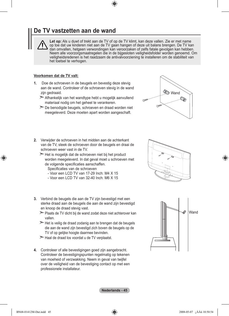 경고 주의 경고 주의, De tv vastzetten aan de wand | Samsung LE22A656A1D User Manual | Page 197 / 403
