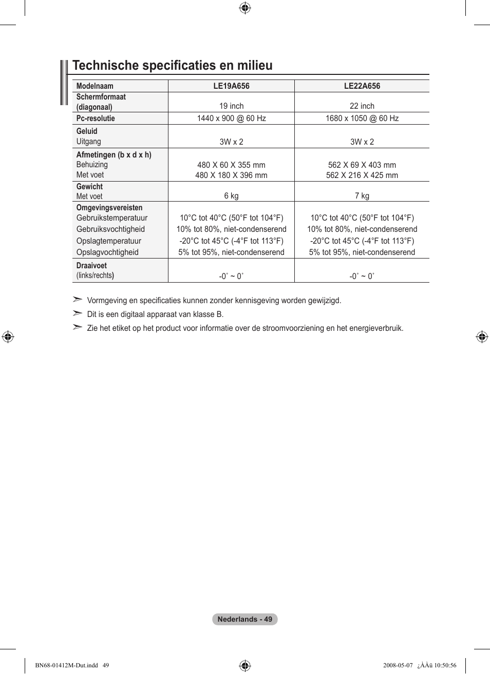 Technische specificaties en milieu | Samsung LE22A656A1D User Manual | Page 201 / 403