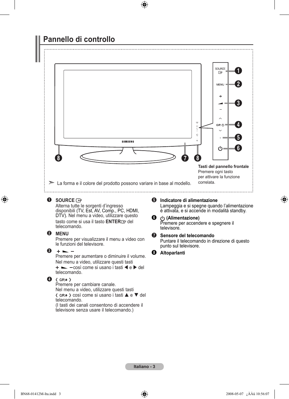 Pannello di controllo | Samsung LE22A656A1D User Manual | Page 205 / 403