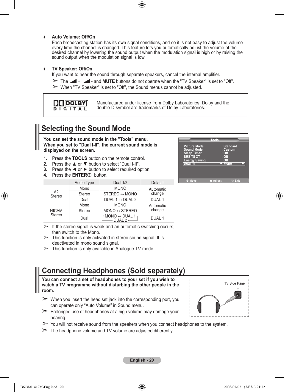 Selecting the sound mode, Connecting headphones (sold separately) | Samsung LE22A656A1D User Manual | Page 22 / 403