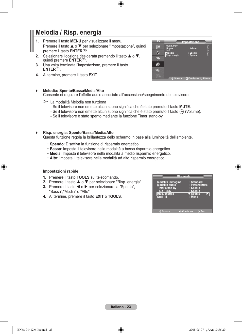 Melodia / risp. energia | Samsung LE22A656A1D User Manual | Page 225 / 403