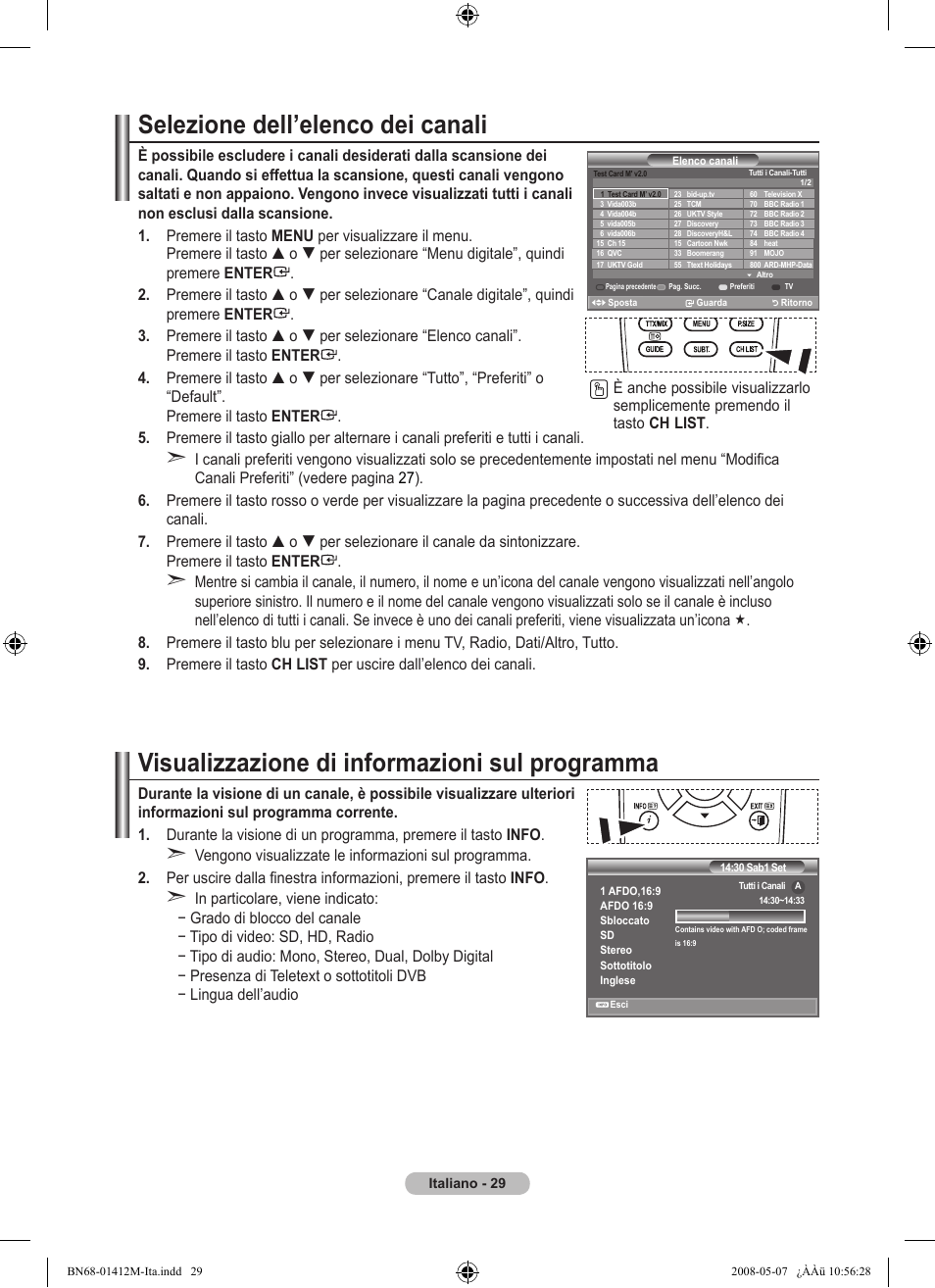 Selezione dell’elenco dei canali, Visualizzazione di informazioni sul programma | Samsung LE22A656A1D User Manual | Page 231 / 403