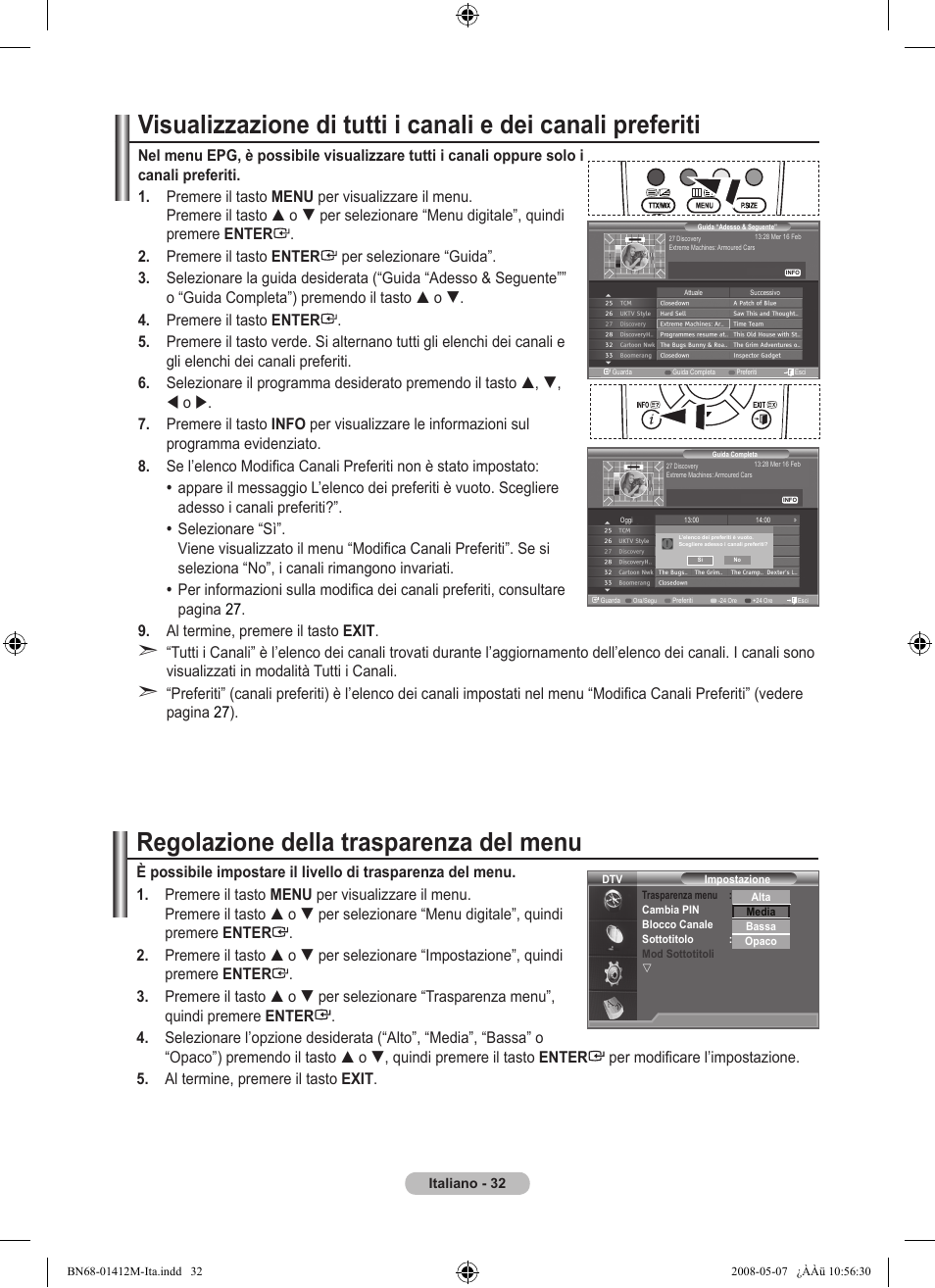 Regolazione della trasparenza del menu | Samsung LE22A656A1D User Manual | Page 234 / 403