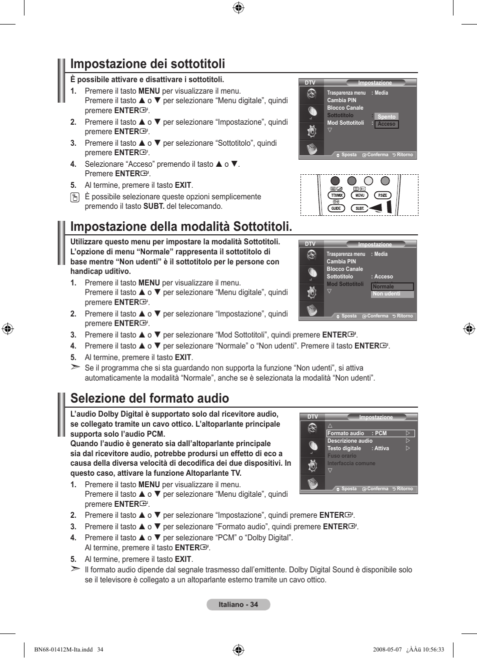 Impostazione dei sottotitoli, Impostazione della modalità sottotitoli, Selezione del formato audio | Samsung LE22A656A1D User Manual | Page 236 / 403