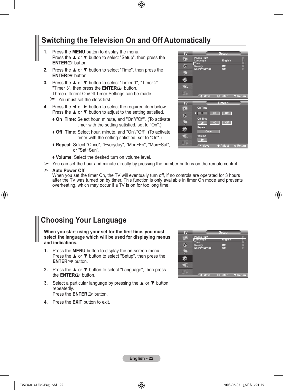 Switching the television on and off automatically, Function description, Choosing your language | Samsung LE22A656A1D User Manual | Page 24 / 403