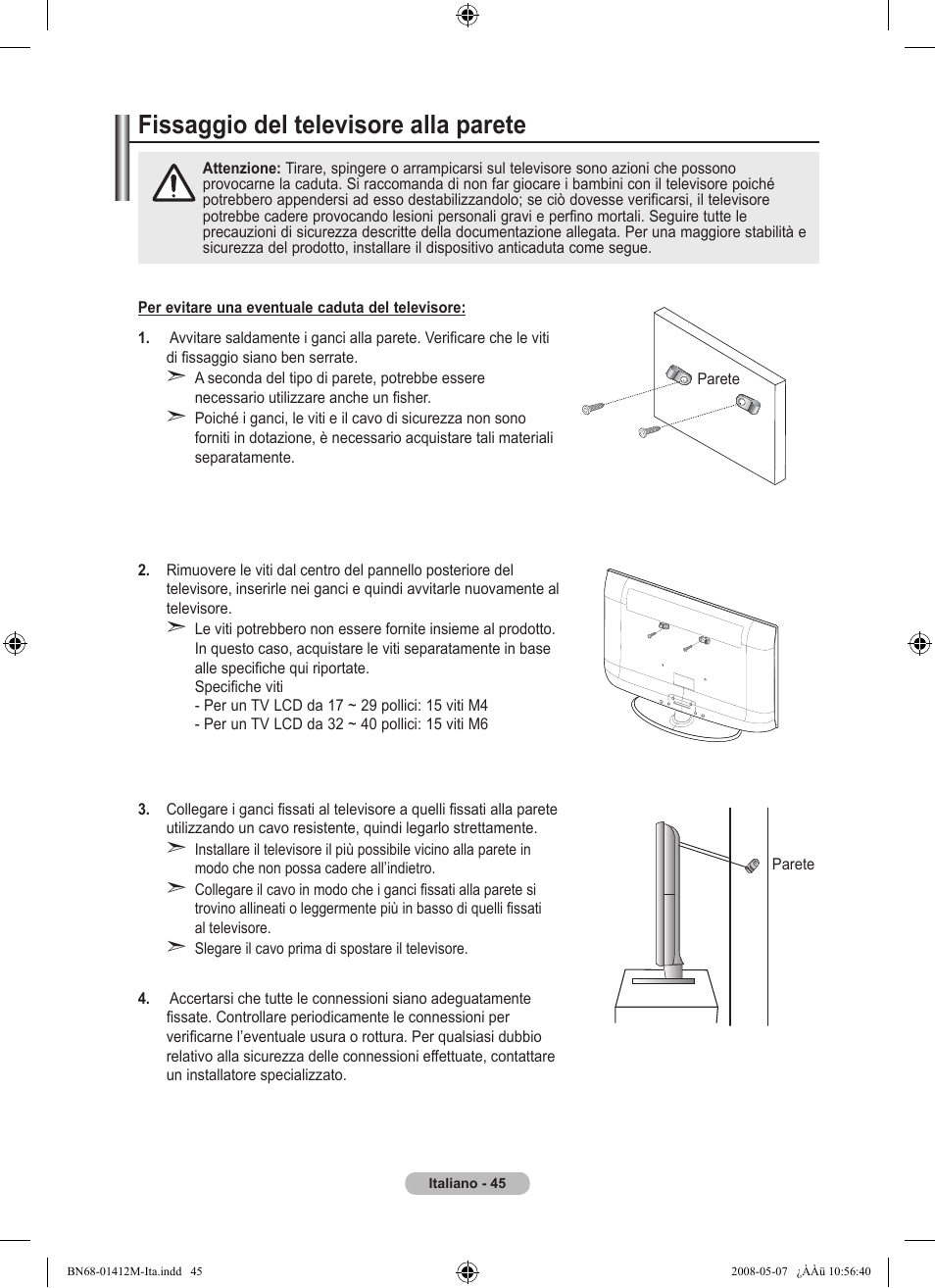 경고 주의 경고 주의, Fissaggio del televisore alla parete | Samsung LE22A656A1D User Manual | Page 247 / 403
