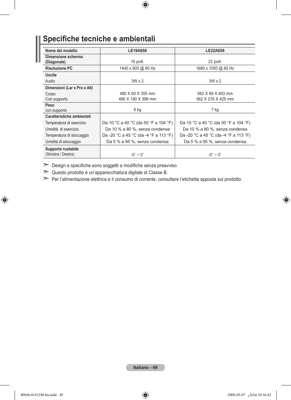 Specifiche tecniche e ambientali | Samsung LE22A656A1D User Manual | Page 251 / 403