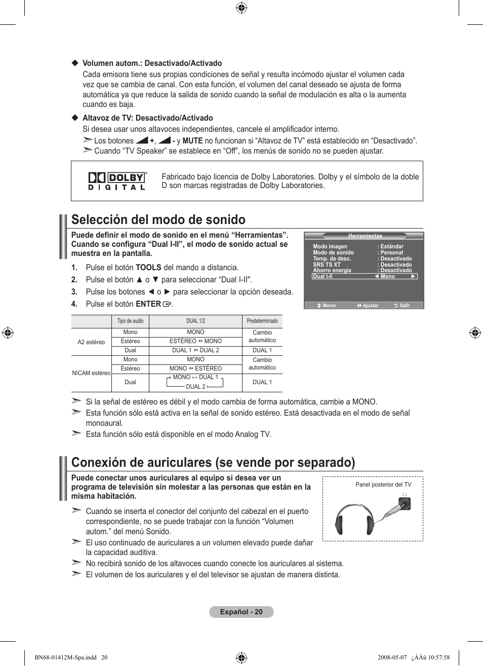 Selección del modo de sonido, Conexión de auriculares (se vende por separado) | Samsung LE22A656A1D User Manual | Page 273 / 403