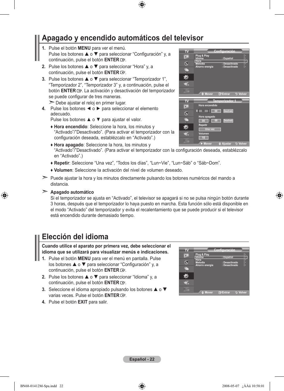 Apagado y encendido automáticos del televisor, Elección del idioma | Samsung LE22A656A1D User Manual | Page 275 / 403