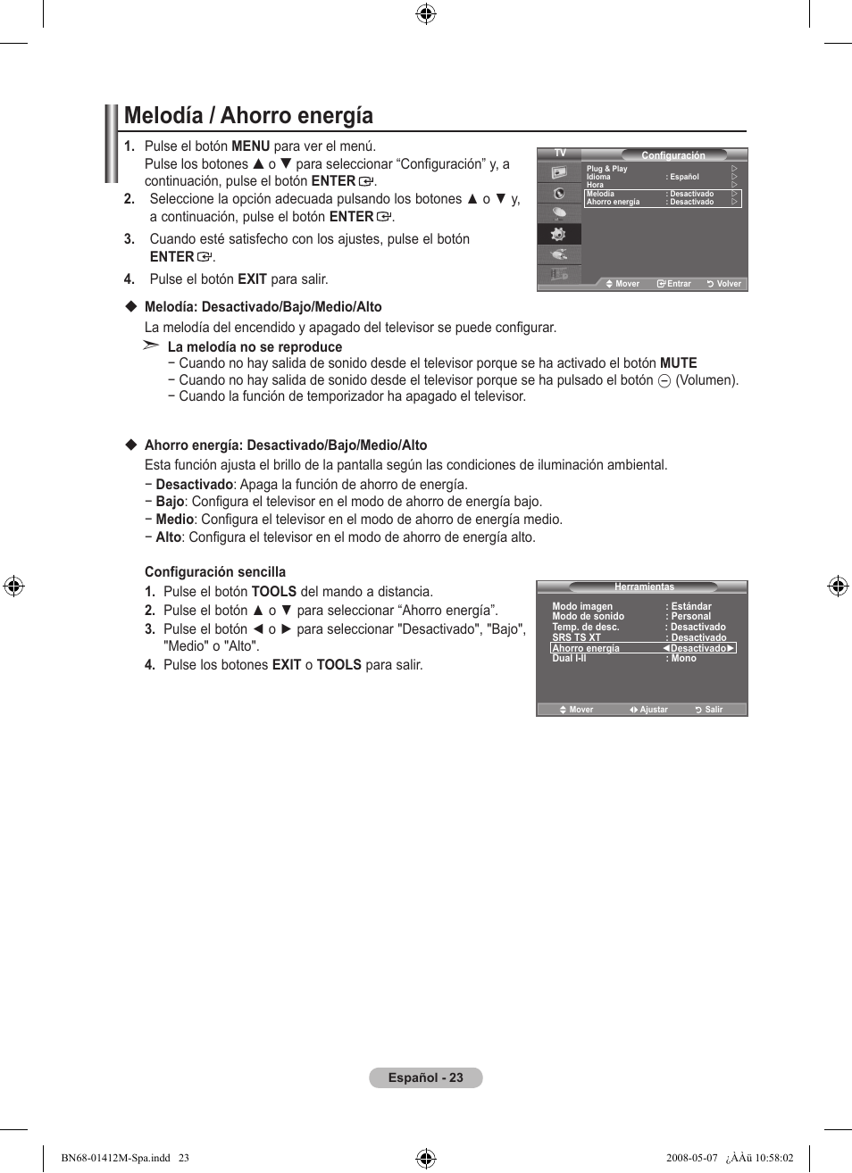 Melodía / ahorro energía | Samsung LE22A656A1D User Manual | Page 276 / 403