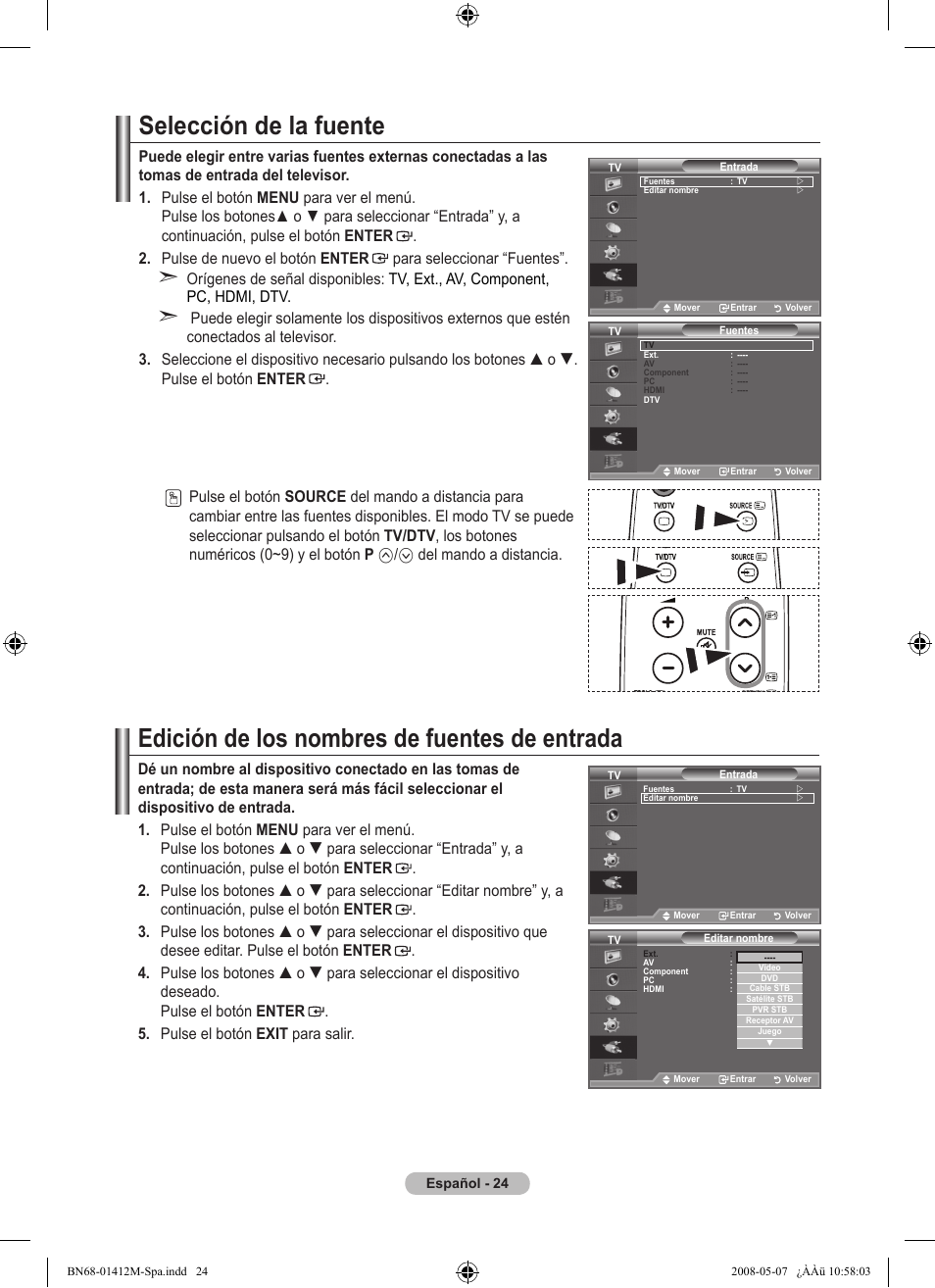 Selección de la fuente, Edición de los nombres de fuentes de entrada, Del mando a distancia | Samsung LE22A656A1D User Manual | Page 277 / 403