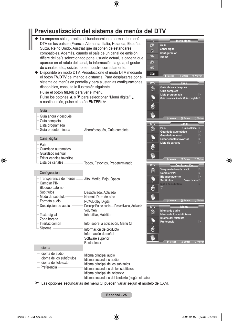 Previsualización del sistema de menús del dtv | Samsung LE22A656A1D User Manual | Page 278 / 403