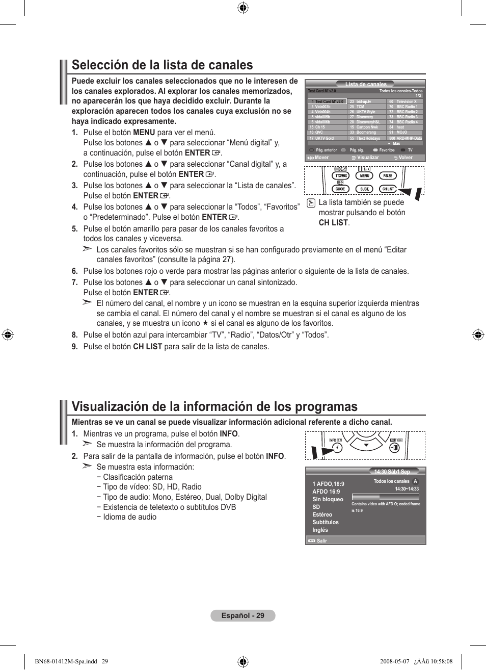 Selección de la lista de canales, Visualización de la información de los programas | Samsung LE22A656A1D User Manual | Page 282 / 403