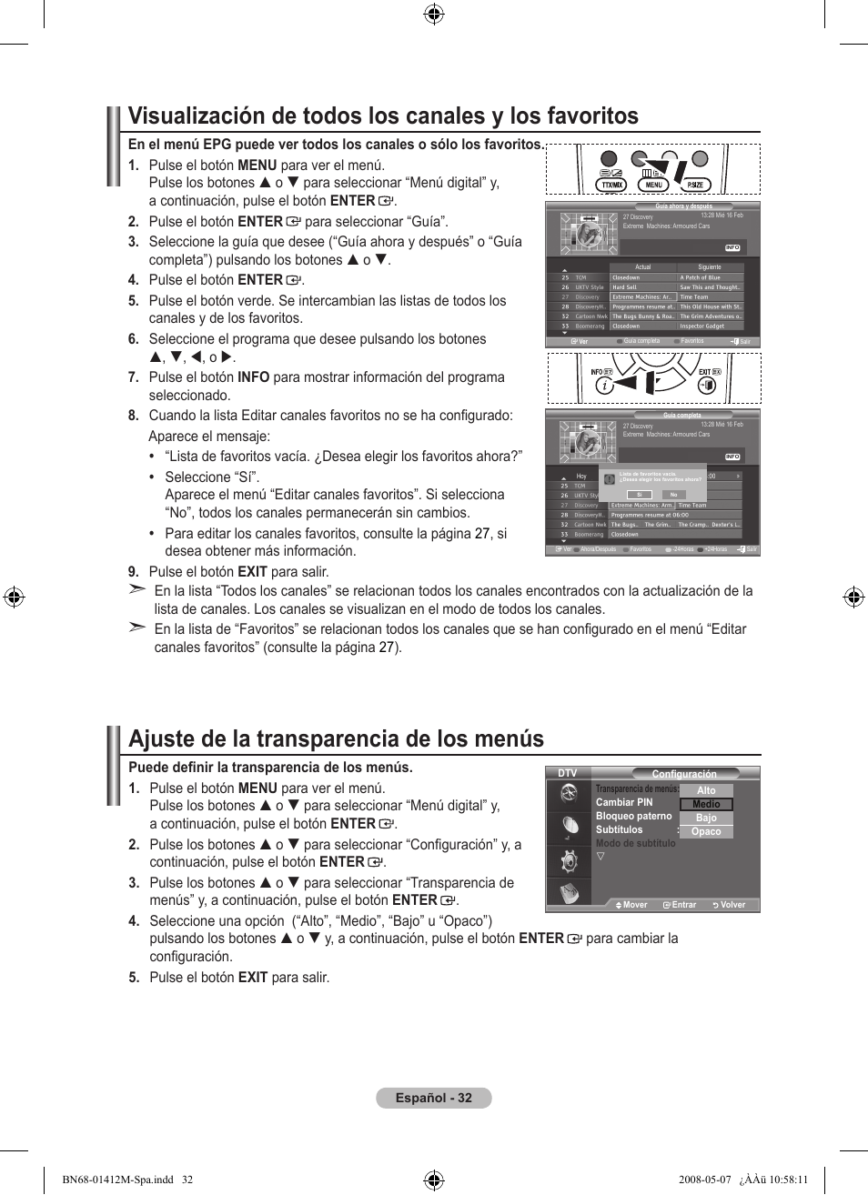 Ajuste de la transparencia de los menús, Visualización de todos los canales y los favoritos | Samsung LE22A656A1D User Manual | Page 285 / 403