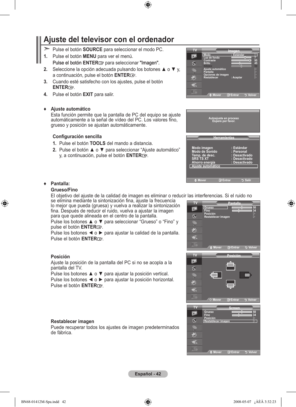 Ajuste del televisor con el ordenador | Samsung LE22A656A1D User Manual | Page 295 / 403