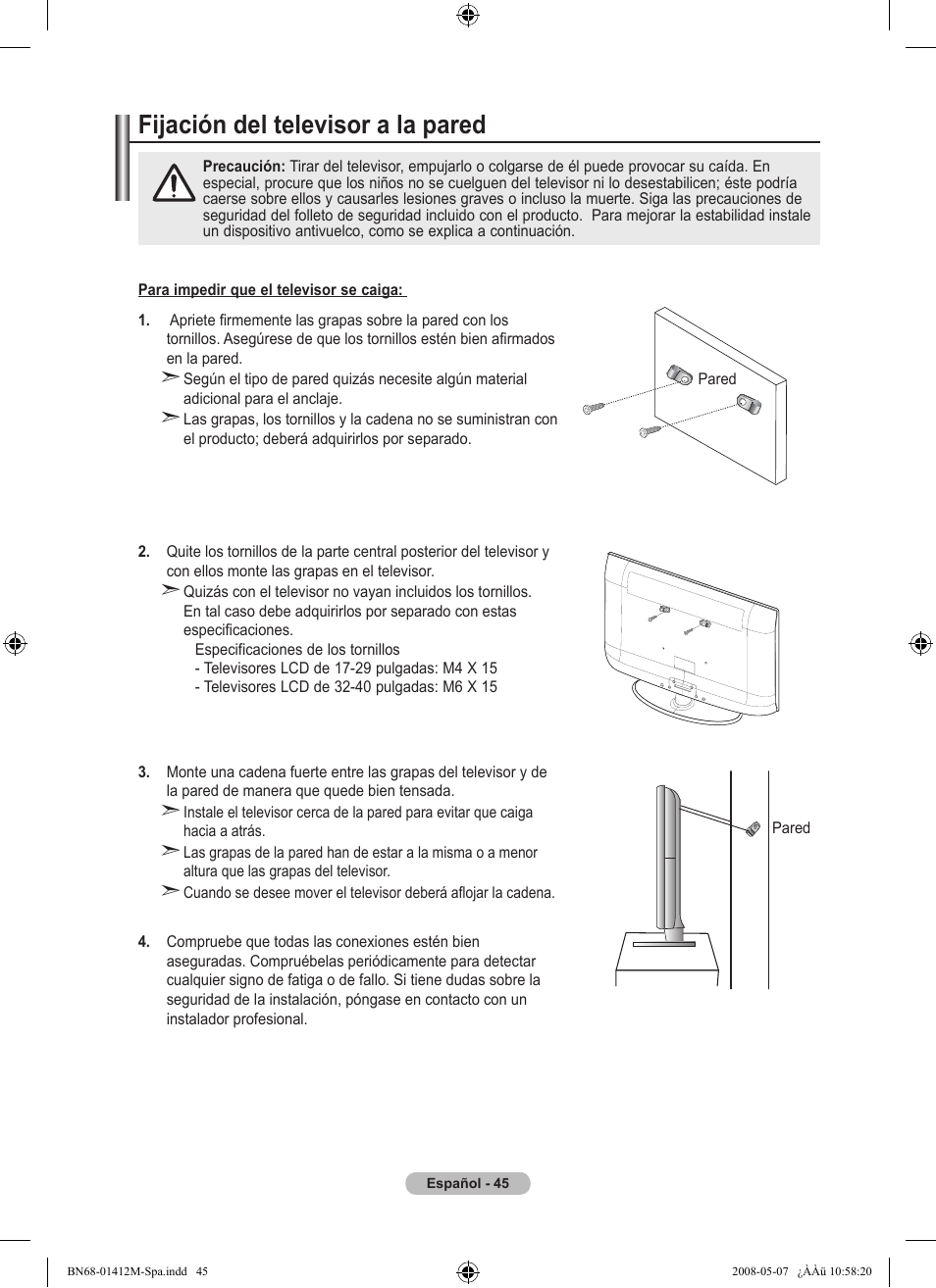 경고 주의 경고 주의, Fijación del televisor a la pared | Samsung LE22A656A1D User Manual | Page 298 / 403