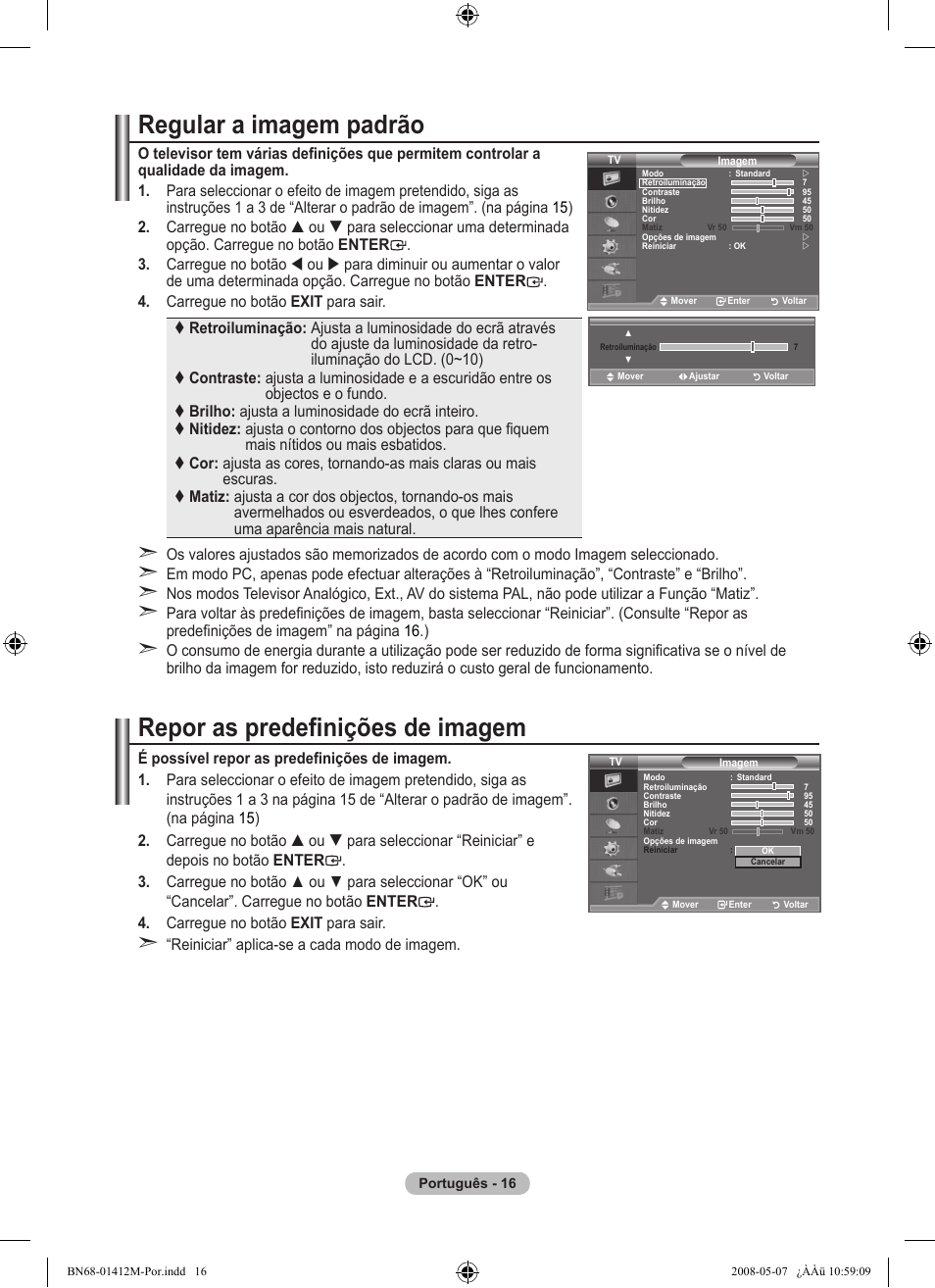 Regular a imagem padrão, Repor as predefinições de imagem | Samsung LE22A656A1D User Manual | Page 319 / 403