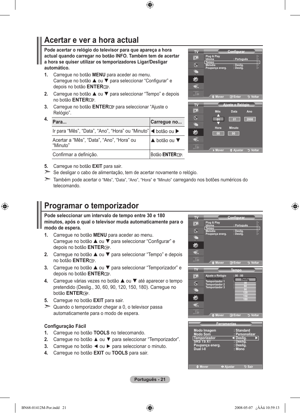 Acertar e ver a hora actual, Programar o temporizador, Enter | Samsung LE22A656A1D User Manual | Page 324 / 403
