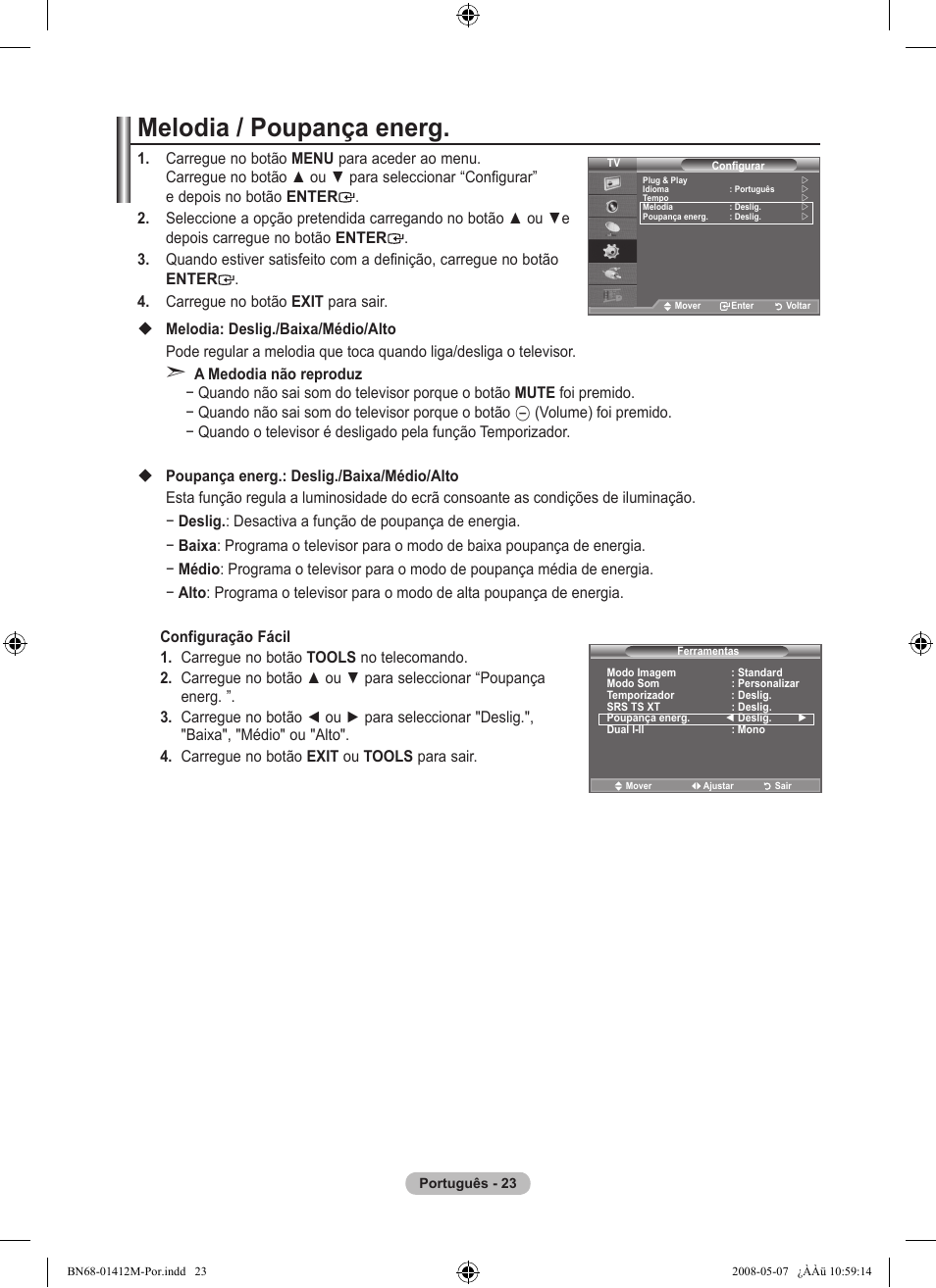 Melodia / poupança energ | Samsung LE22A656A1D User Manual | Page 326 / 403