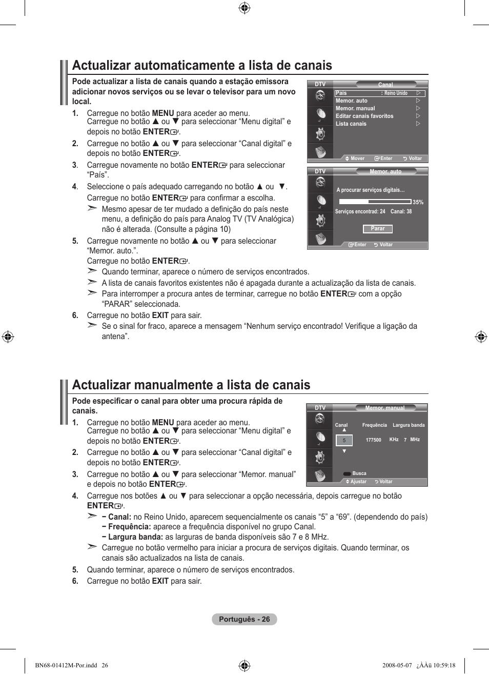Actualizar automaticamente a lista de canais, Actualizar manualmente a lista de canais | Samsung LE22A656A1D User Manual | Page 329 / 403