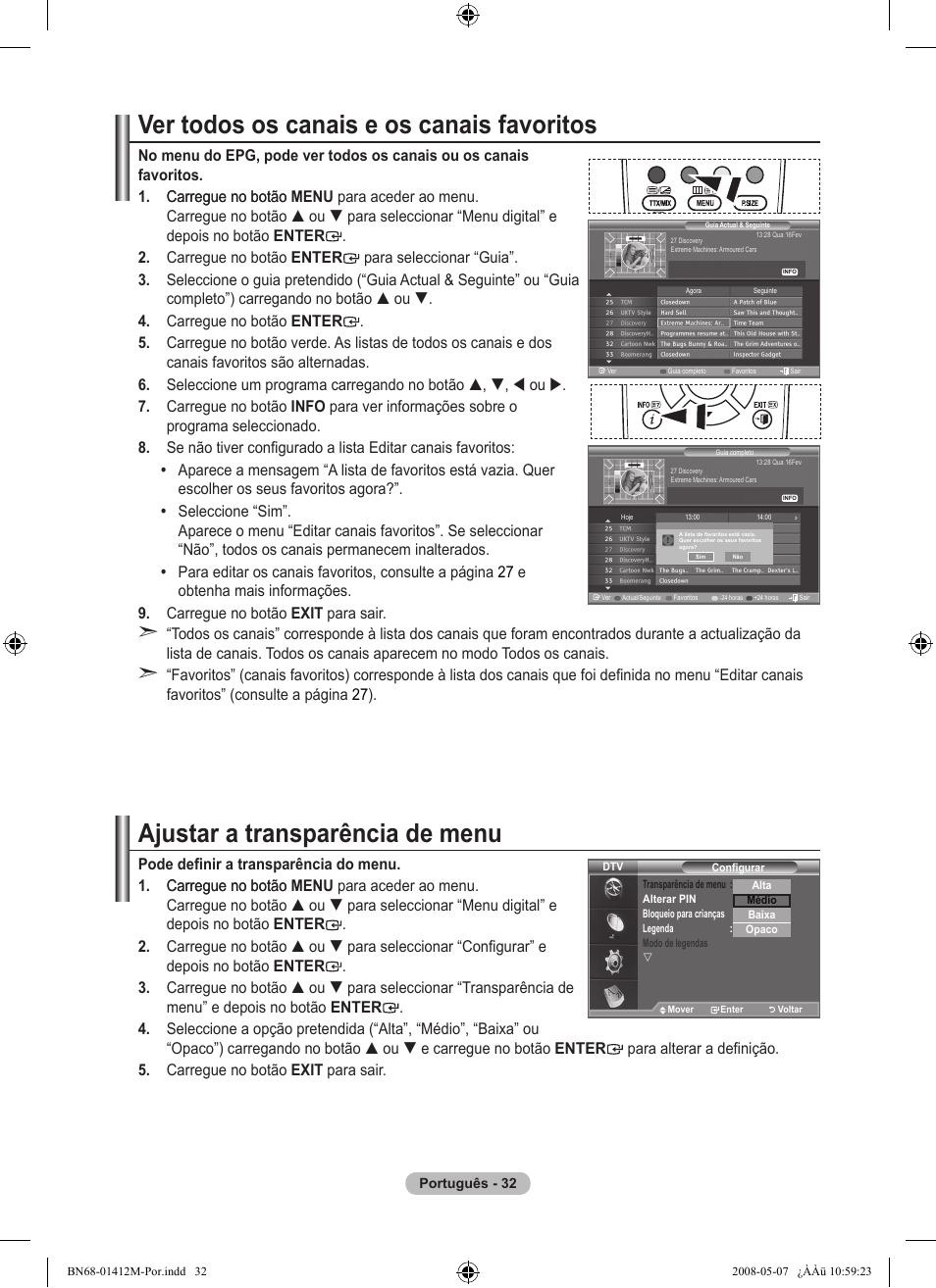 Ver todos os canais e os canais favoritos, Ajustar a transparência de menu | Samsung LE22A656A1D User Manual | Page 335 / 403