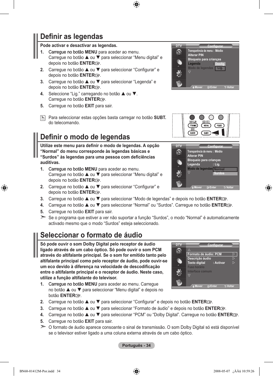 Definir as legendas, Definir o modo de legendas, Seleccionar o formato de áudio | Samsung LE22A656A1D User Manual | Page 337 / 403