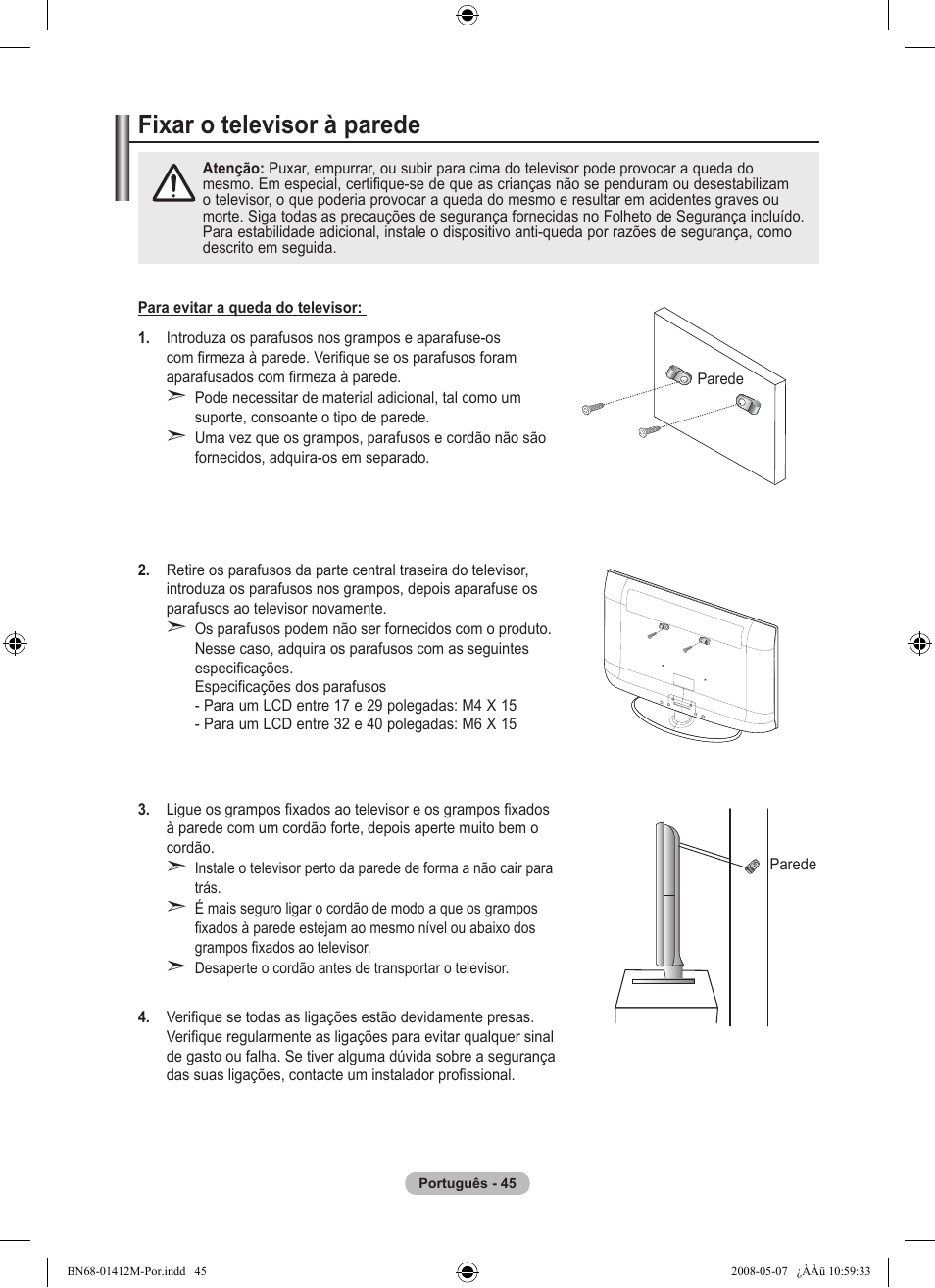 경고 주의 경고 주의, Fixar o televisor à parede | Samsung LE22A656A1D User Manual | Page 348 / 403