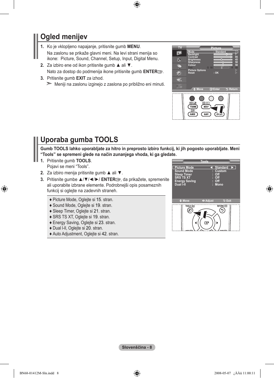 Ogled menijev, Uporaba gumba tools | Samsung LE22A656A1D User Manual | Page 361 / 403