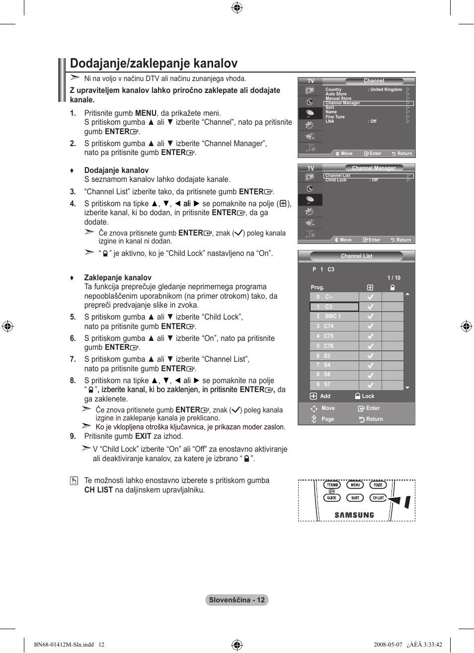 Dodajanje/zaklepanje kanalov | Samsung LE22A656A1D User Manual | Page 365 / 403