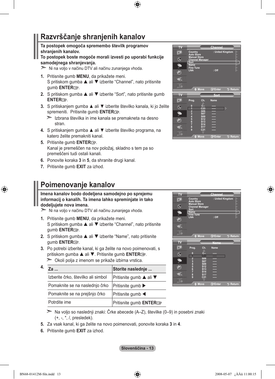 Razvrščanje shranjenih kanalov, Poimenovanje kanalov | Samsung LE22A656A1D User Manual | Page 366 / 403