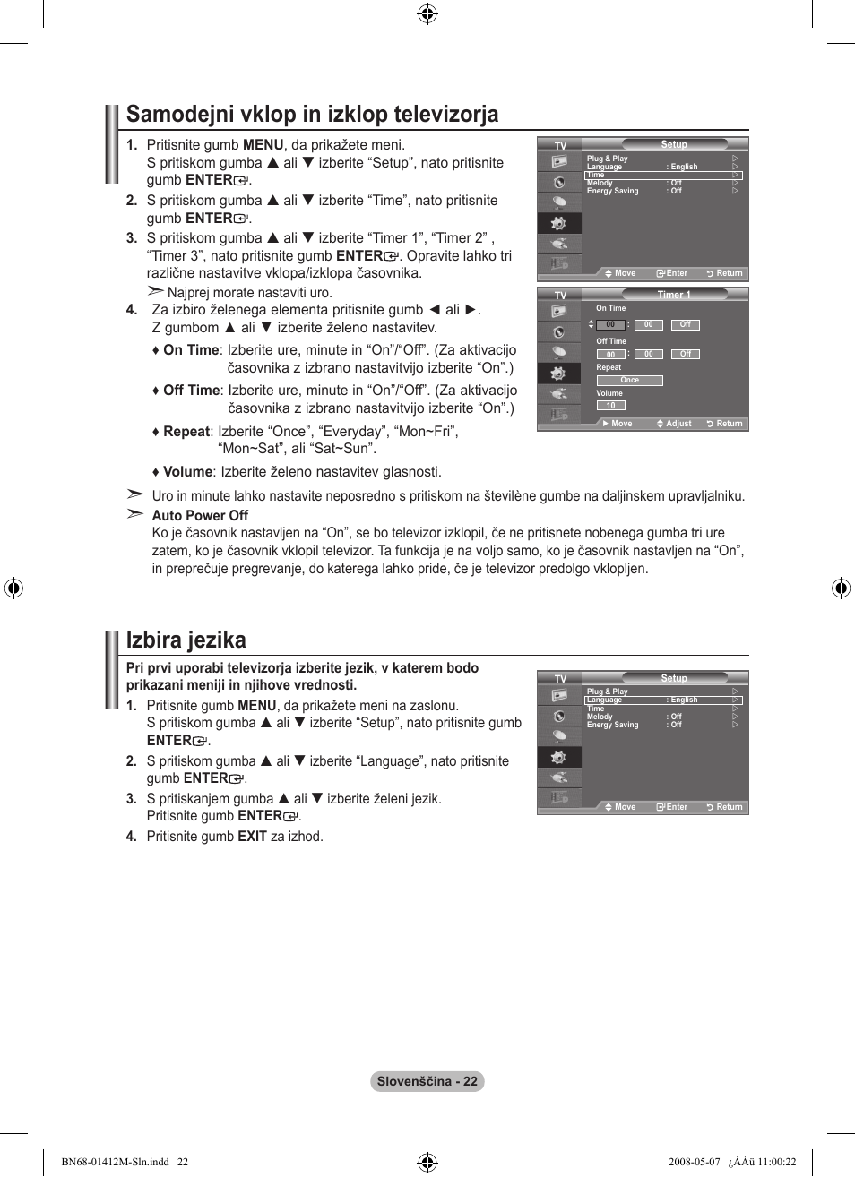 Samodejni vklop in izklop televizorja, Izbira jezika | Samsung LE22A656A1D User Manual | Page 375 / 403