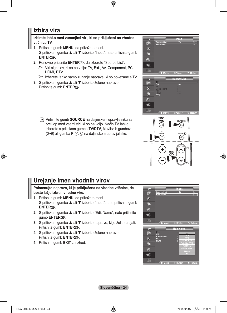 Izbira vira, Urejanje imen vhodnih virov, Na daljinskem upravljalniku | Samsung LE22A656A1D User Manual | Page 377 / 403