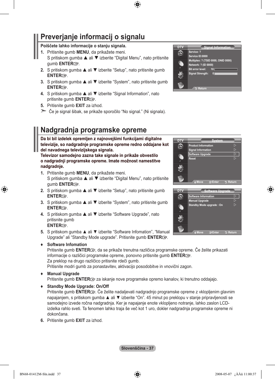 Preverjanje informacij o signalu, Nadgradnja programske opreme | Samsung LE22A656A1D User Manual | Page 390 / 403