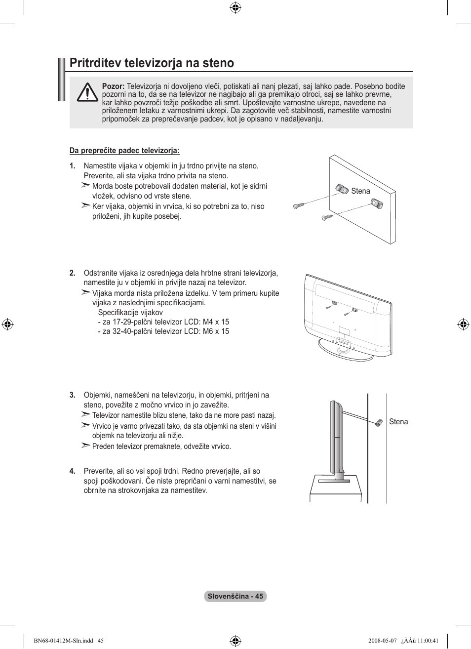 경고 주의 경고 주의, Pritrditev televizorja na steno | Samsung LE22A656A1D User Manual | Page 398 / 403