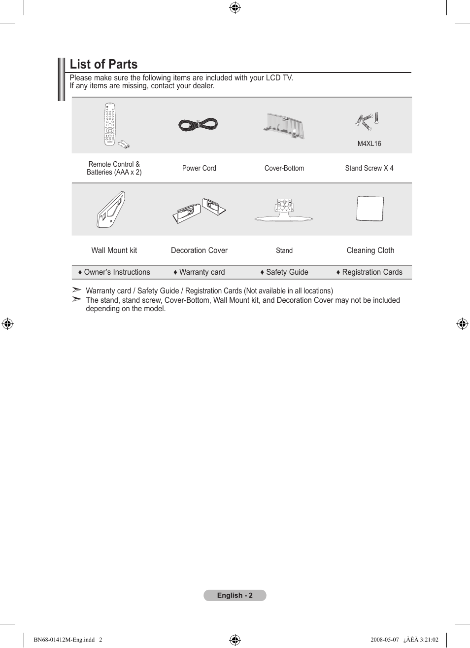Connecting and preparingreparing your tv, List of parts | Samsung LE22A656A1D User Manual | Page 4 / 403