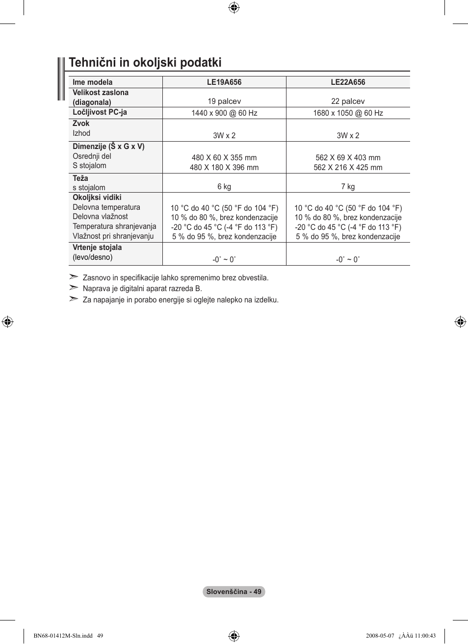 Tehnični in okoljski podatki | Samsung LE22A656A1D User Manual | Page 402 / 403