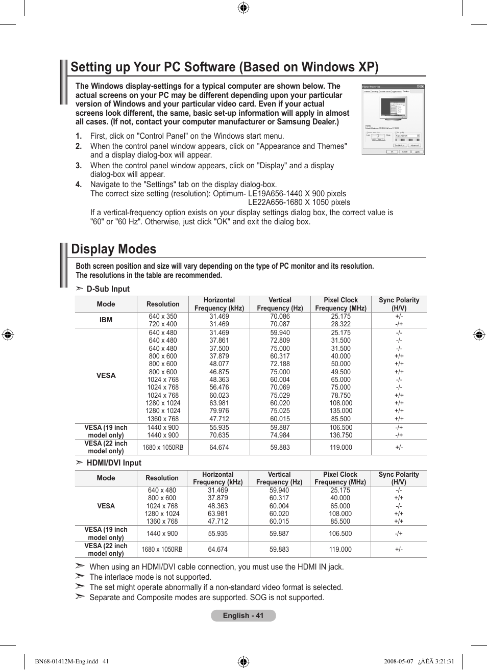 Setting the pc, Setting up your pc software (based on windows xp), Display modes | Samsung LE22A656A1D User Manual | Page 43 / 403