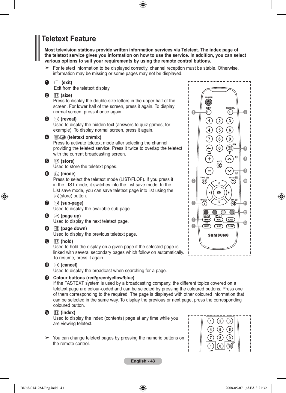 Recommendations for use, Teletext feature | Samsung LE22A656A1D User Manual | Page 45 / 403