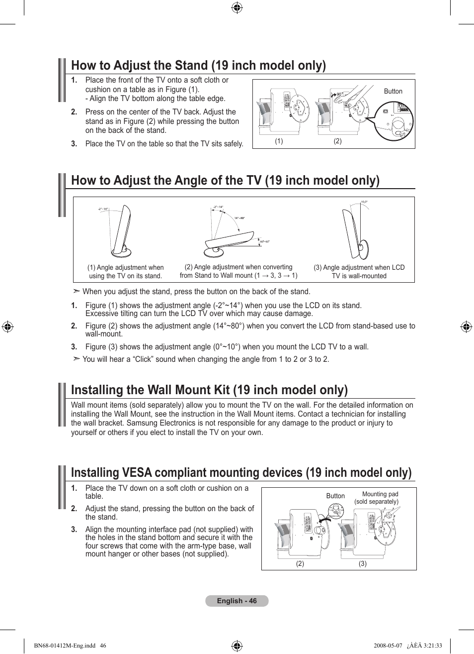 How to adjust the stand (19 inch model only), Installing the wall mount kit (19 inch model only) | Samsung LE22A656A1D User Manual | Page 48 / 403
