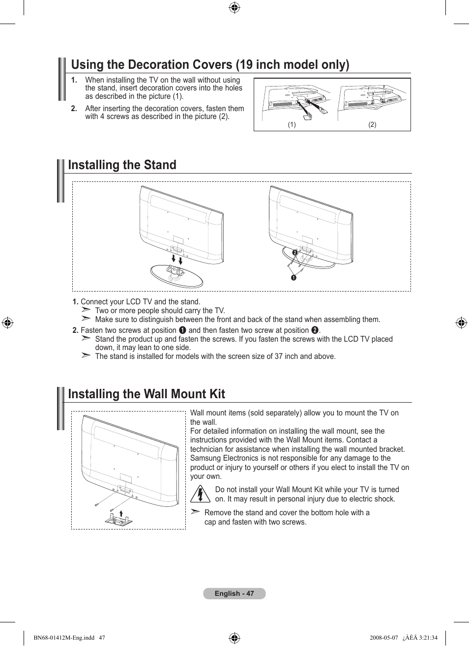 Using the decoration covers (19 inch model only), Installing the stand, Installing the wall mount kit | Samsung LE22A656A1D User Manual | Page 49 / 403
