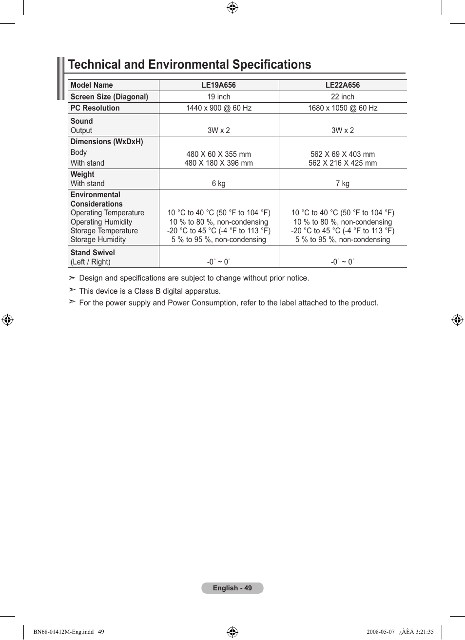 Technical and environmental specifications | Samsung LE22A656A1D User Manual | Page 51 / 403