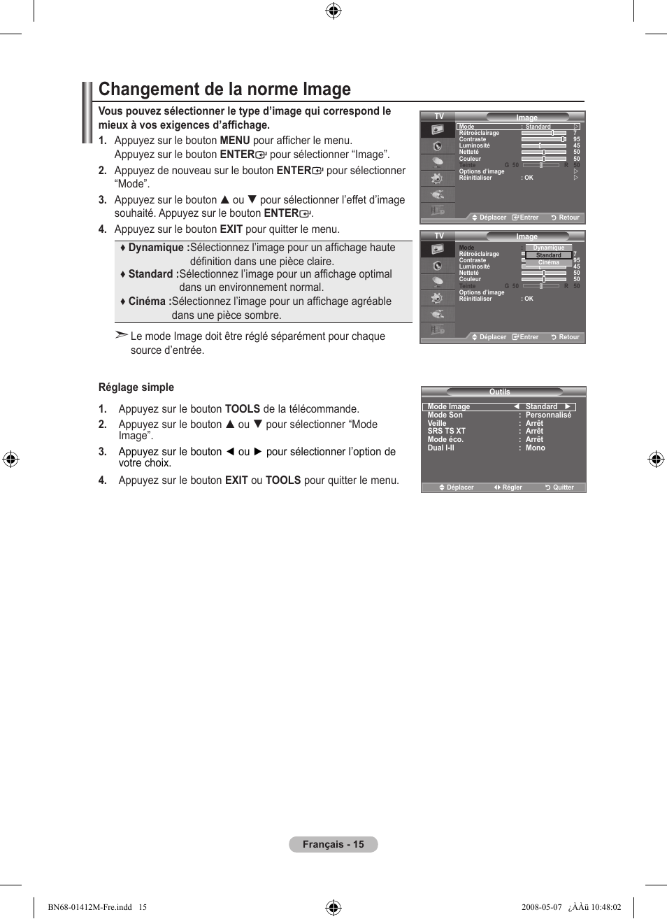 Changement de la norme image | Samsung LE22A656A1D User Manual | Page 67 / 403