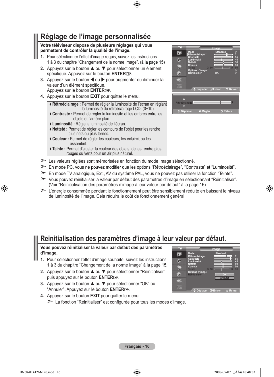 Réglage de l’image personnalisée | Samsung LE22A656A1D User Manual | Page 68 / 403