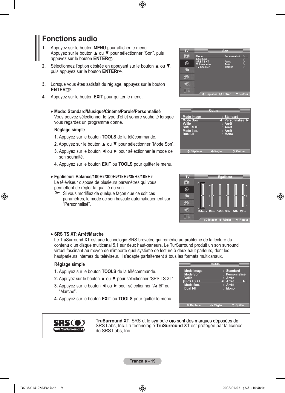 Fonctions audio | Samsung LE22A656A1D User Manual | Page 71 / 403