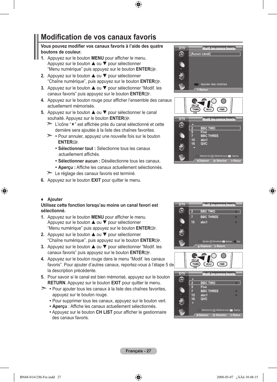 Modification de vos canaux favoris | Samsung LE22A656A1D User Manual | Page 79 / 403