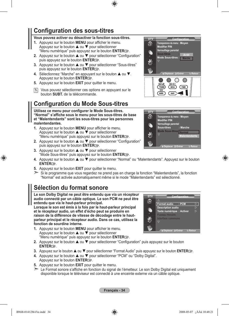 Configuration des sous-titres, Configuration du mode sous-titres, Sélection du format sonore | Samsung LE22A656A1D User Manual | Page 86 / 403
