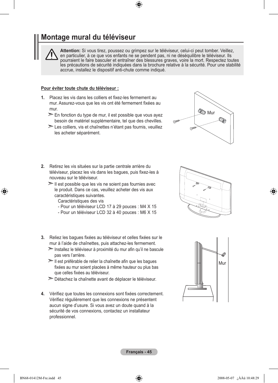 경고 주의 경고 주의, Montage mural du téléviseur | Samsung LE22A656A1D User Manual | Page 97 / 403