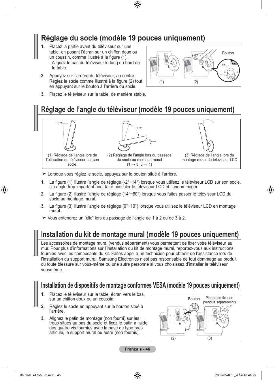 Réglage du socle (modèle 9 pouces uniquement) | Samsung LE22A656A1D User Manual | Page 98 / 403