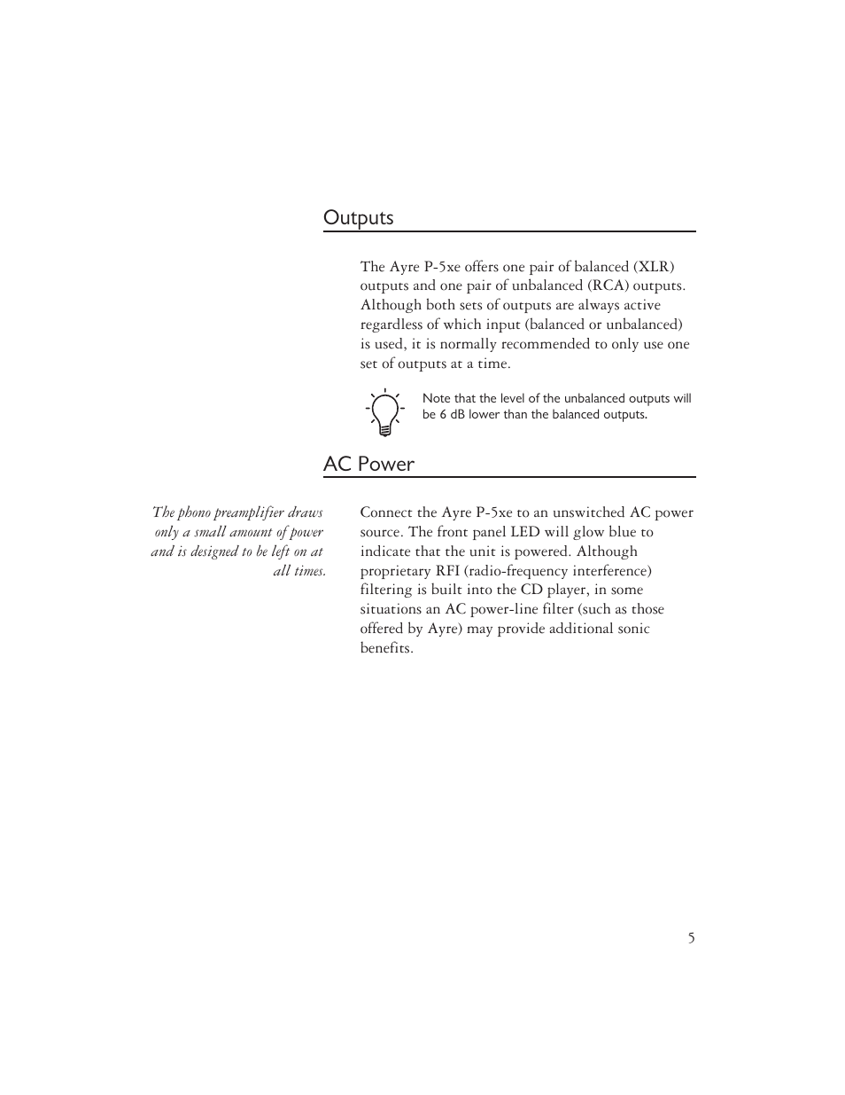 Outputs, Ac power | Ayre Acoustics P-5XE User Manual | Page 7 / 24