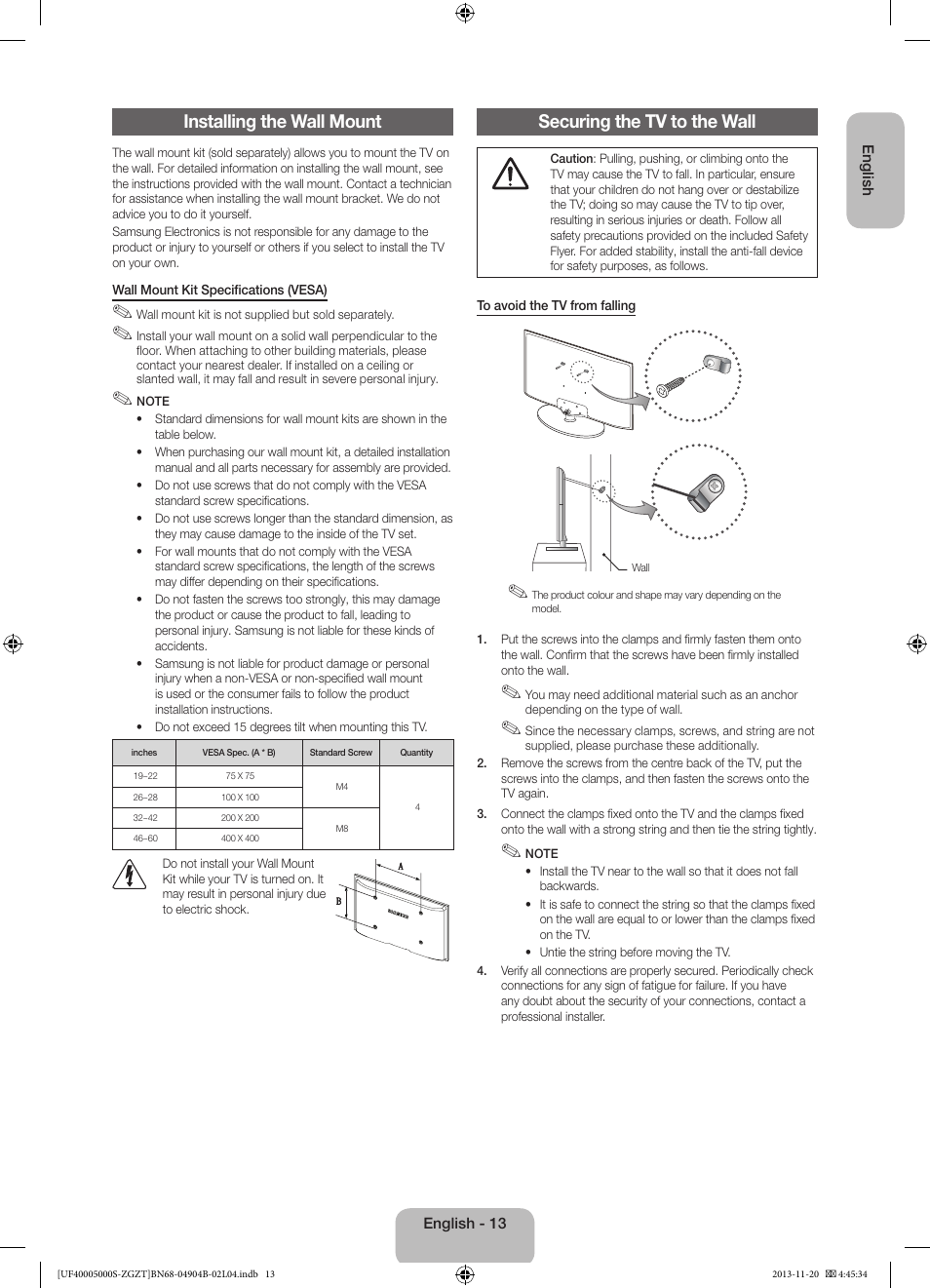 Installing the wall mount, Securing the tv to the wall | Samsung UE19F4000AW User Manual | Page 13 / 67